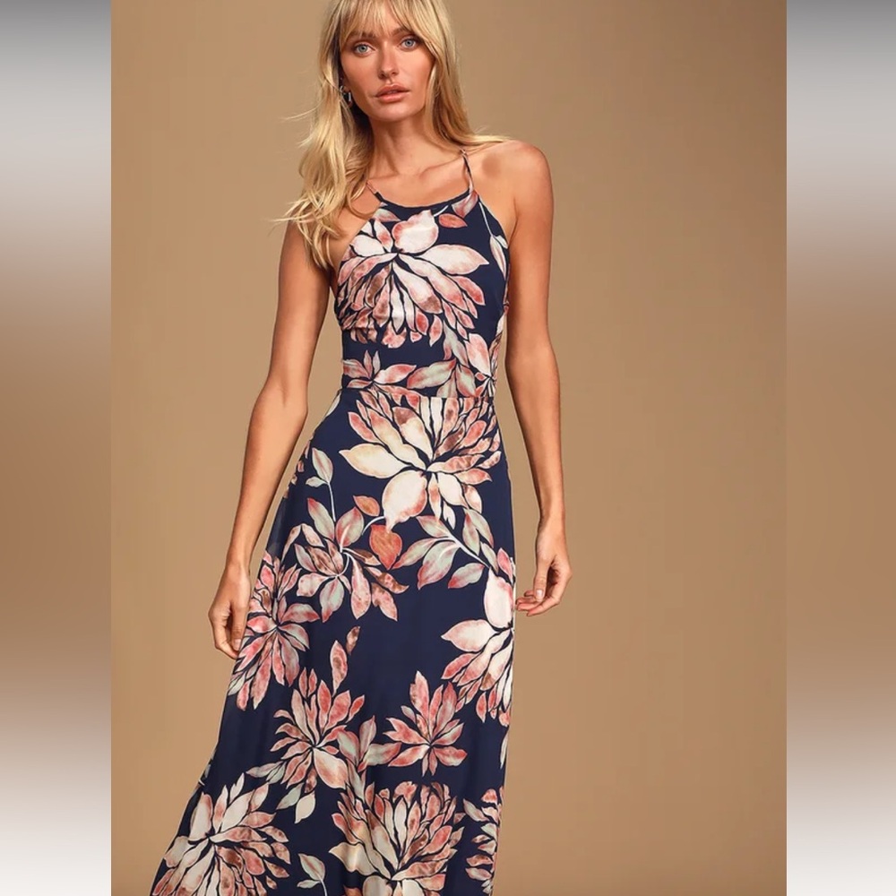 Lulus Lulu’s Adventure Seeker Navy Blue Floral Print Maxi Dress Medium